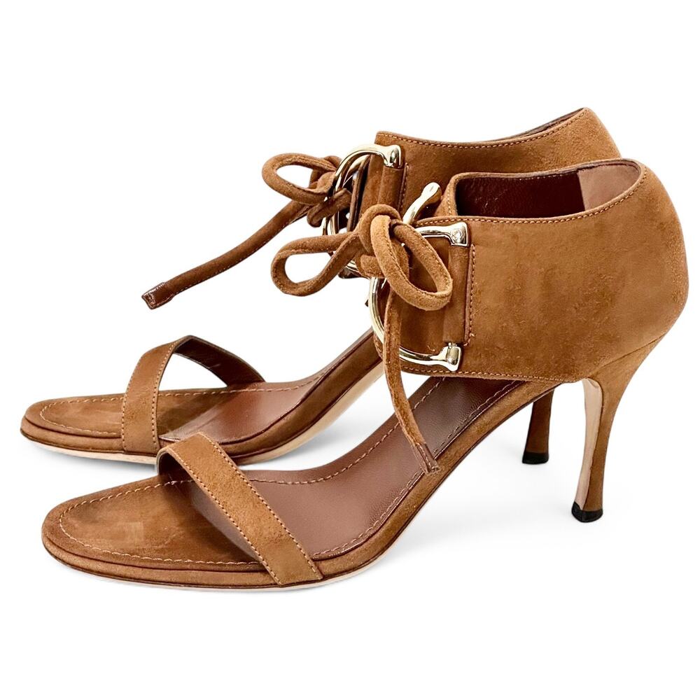 Gucci Vintage Y2K Horsebit Suede Sandals Lace Up Stiletto Heels Cognac Brown 7.5 - Picture 8 of 13